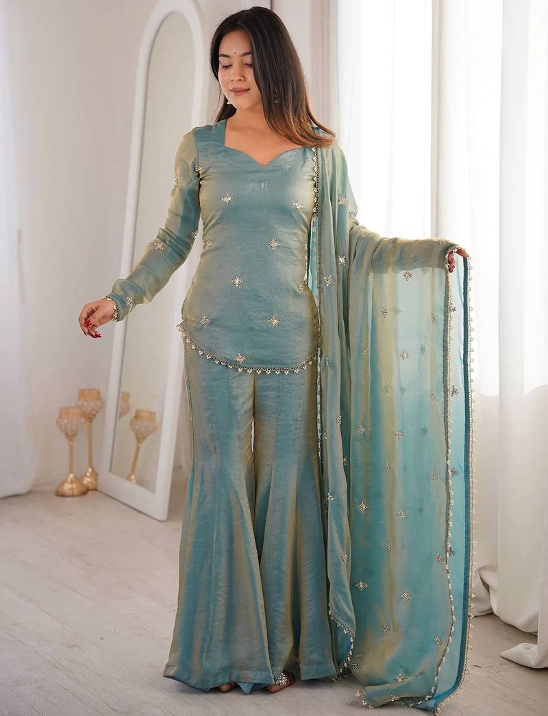 Women's shimmer silk sequins embroidered designer kurta sharara with dupatta set