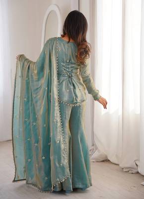 teal shimmer silk embroidered kurta sharara set for women 3