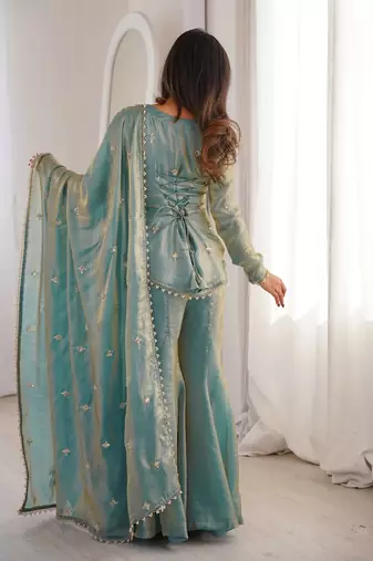teal shimmer silk embroidered kurta sharara set for women