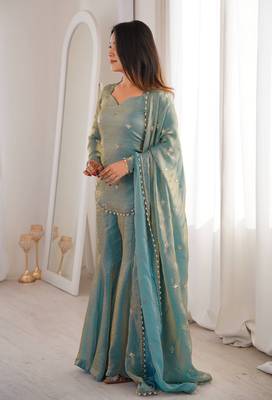 teal shimmer silk embroidered kurta sharara set for women 4