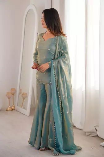 teal shimmer silk embroidered kurta sharara set for women
