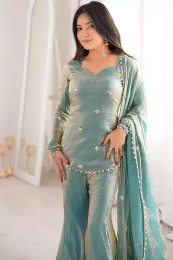 teal shimmer silk embroidered kurta sharara set for women