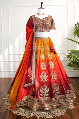 Red & Orange Thread & Sequins Work Chinon Silk Embroidered Lehenga Choli with Dupatta