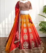 Red & Orange Thread & Sequins Work Chinon Silk Embroidered Lehenga Choli with Dupatta