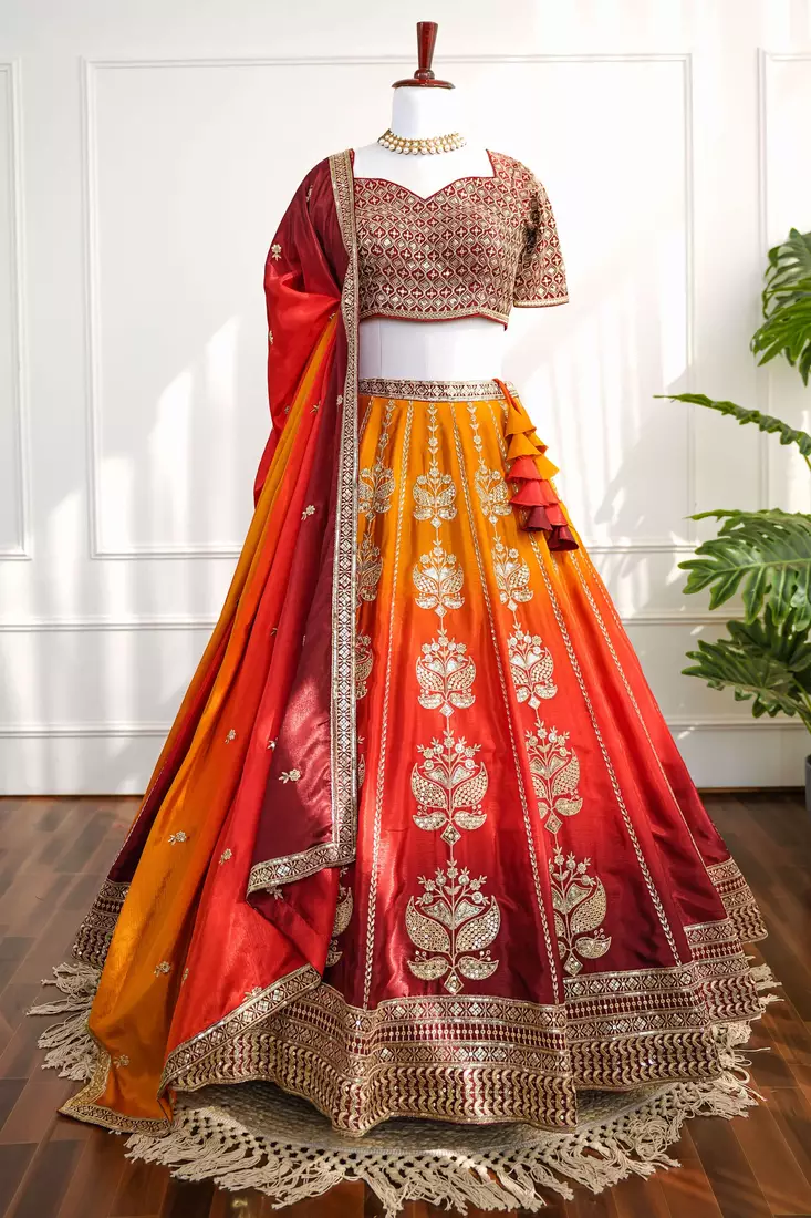 Red & Orange Thread & Sequins Work Chinon Silk Embroidered Lehenga Choli with Dupatta