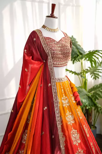 Red & Orange Thread & Sequins Work Chinon Silk Embroidered Lehenga Choli with Dupatta