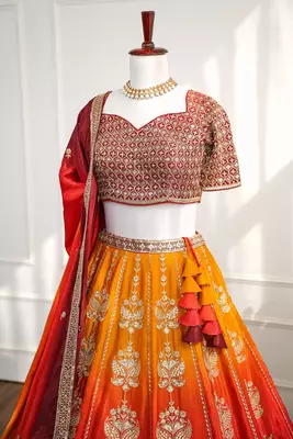 Red & Orange Thread & Sequins Work Chinon Silk Embroidered Lehenga Choli with Dupatta 3