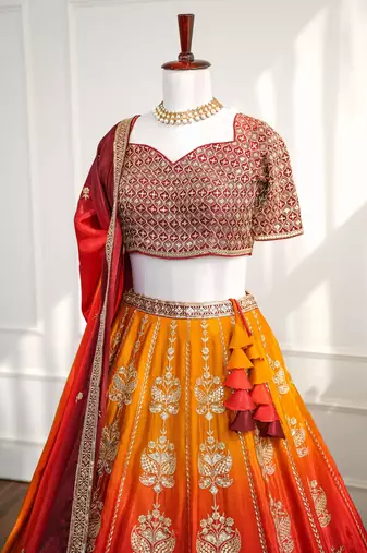 Red & Orange Thread & Sequins Work Chinon Silk Embroidered Lehenga Choli with Dupatta