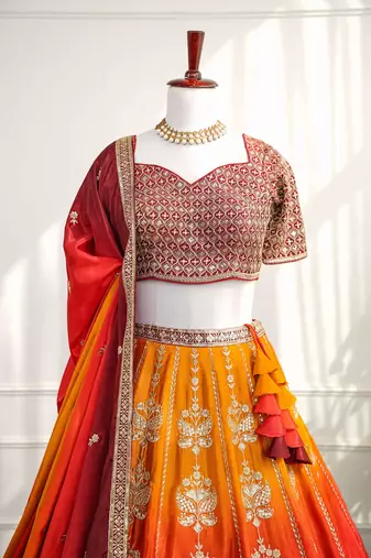 Red & Orange Thread & Sequins Work Chinon Silk Embroidered Lehenga Choli with Dupatta