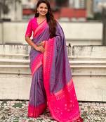 lavender patola silk saree with ikat zari weaving border