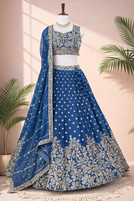 Blue Thread & Sequins Work Fox Georgette Embroidered Lehenga Choli with Dupatta 1