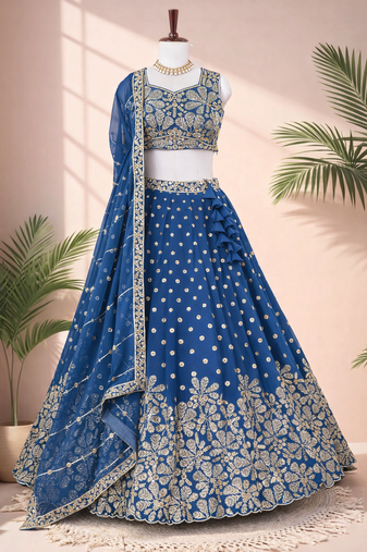 Blue Thread & Sequins Work Fox Georgette Embroidered Lehenga Choli with Dupatta