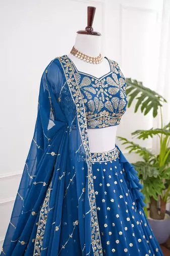 Blue Thread & Sequins Work Fox Georgette Embroidered Lehenga Choli with Dupatta