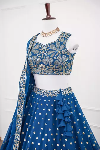 Blue Thread & Sequins Work Fox Georgette Embroidered Lehenga Choli with Dupatta