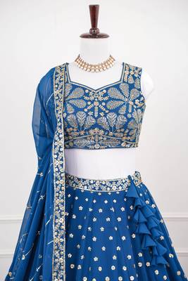 Blue Thread & Sequins Work Fox Georgette Embroidered Lehenga Choli with Dupatta 4