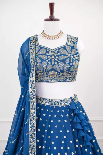 Blue Thread & Sequins Work Fox Georgette Embroidered Lehenga Choli with Dupatta