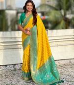 yellow patola silk saree with ikat pattern