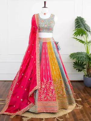 Multicolor Thread & Sequins Work Candy Silk Embroidered Lehenga Choli with Dupatta 1