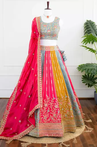 Multicolor Thread & Sequins Work Candy Silk Embroidered Lehenga Choli with Dupatta