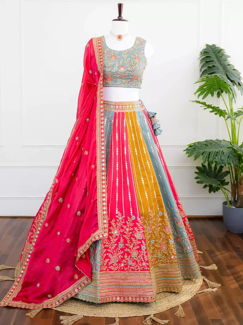 Multicolor Thread & Sequins Work Candy Silk Embroidered Lehenga Choli with Dupatta