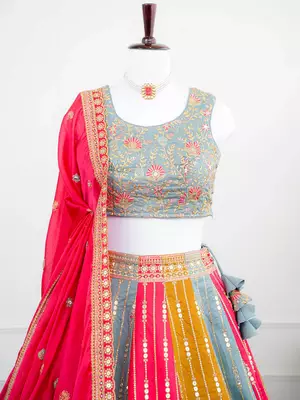Multicolor Thread & Sequins Work Candy Silk Embroidered Lehenga Choli with Dupatta 2