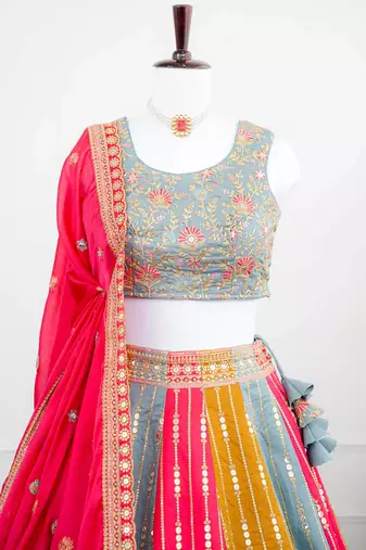 Multicolor Thread & Sequins Work Candy Silk Embroidered Lehenga Choli with Dupatta