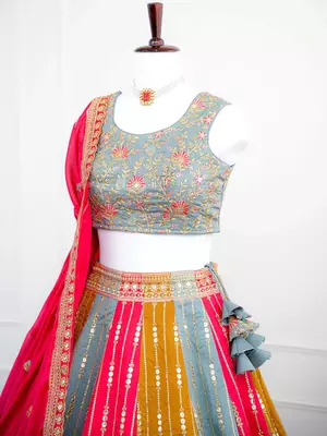 Multicolor Thread & Sequins Work Candy Silk Embroidered Lehenga Choli with Dupatta 3