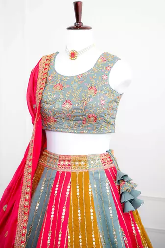 Multicolor Thread & Sequins Work Candy Silk Embroidered Lehenga Choli with Dupatta