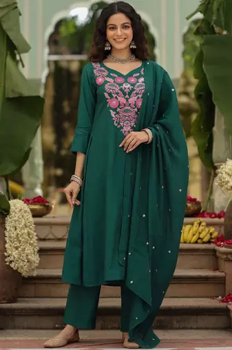Women's Beautiful Embroidery Work Viscose Rayon Fabric Straight Kurta Pant and Dupatta Set