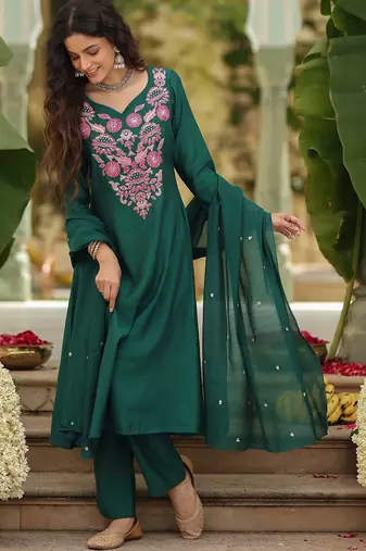 Women's Beautiful Embroidery Work Viscose Rayon Fabric Straight Kurta Pant and Dupatta Set