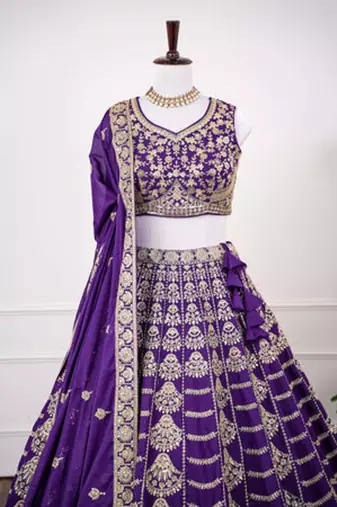 Purple Thread & Sequence Work Georgette Embroidered Lehenga Choli with Dupatta