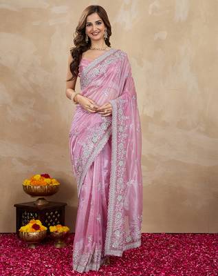 Pink Net Embroidery Sequuence Work Saree With Unstitch Blouse Piece 1