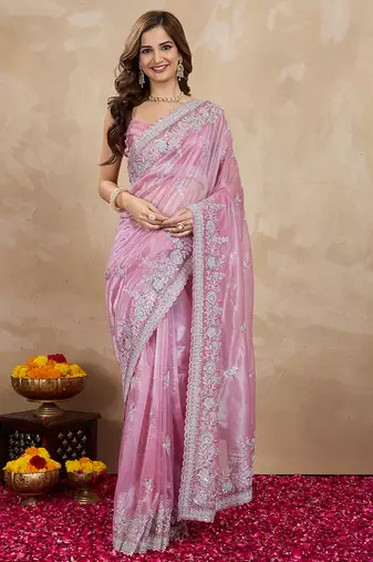 Pink Net Embroidery Sequuence Work Saree With Unstitch Blouse Piece