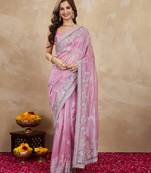 Pink Net Embroidery Sequuence Work Saree With Unstitch Blouse Piece