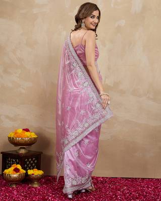 Pink Net Embroidery Sequuence Work Saree With Unstitch Blouse Piece 2