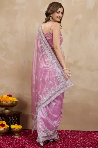 Pink Net Embroidery Sequuence Work Saree With Unstitch Blouse Piece