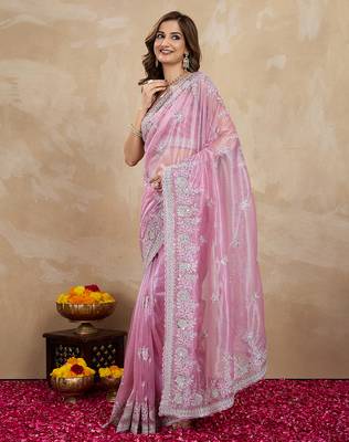 Pink Net Embroidery Sequuence Work Saree With Unstitch Blouse Piece 3