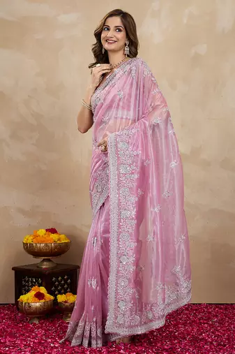 Pink Net Embroidery Sequuence Work Saree With Unstitch Blouse Piece