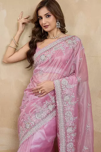 Pink Net Embroidery Sequuence Work Saree With Unstitch Blouse Piece