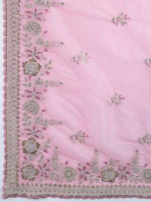 Pink Net Embroidery Sequuence Work Saree With Unstitch Blouse Piece 6