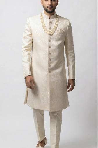 beige silk sherwani set with brasso work