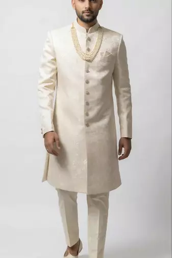 beige silk sherwani set with brasso work