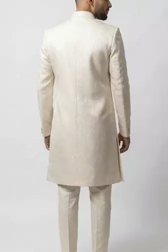 beige silk sherwani set with brasso work
