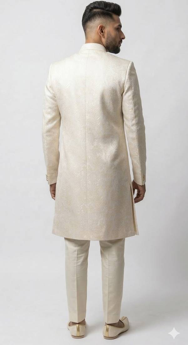 beige silk sherwani set with brasso work