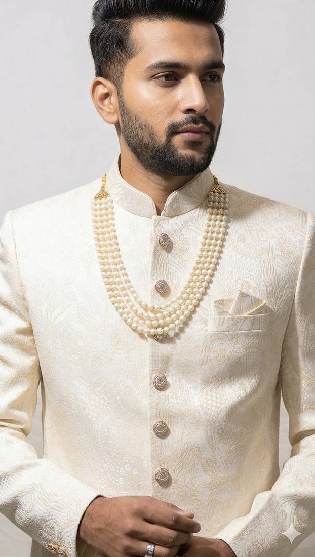 beige silk sherwani set with brasso work
