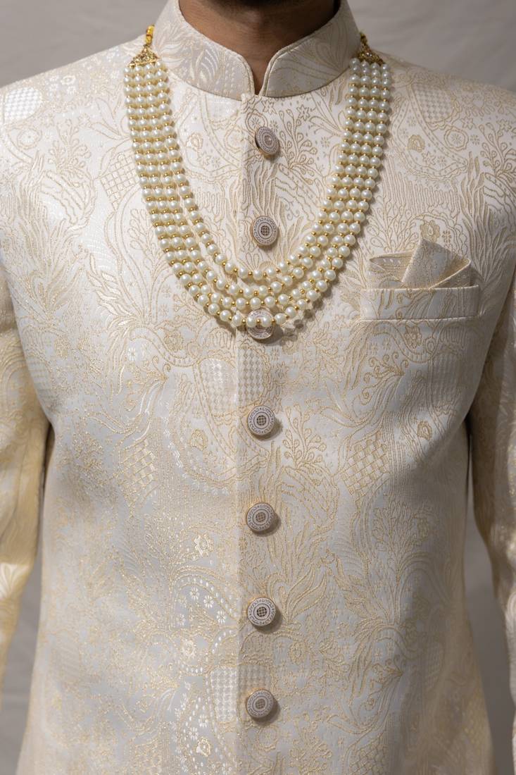 beige silk sherwani set with brasso work