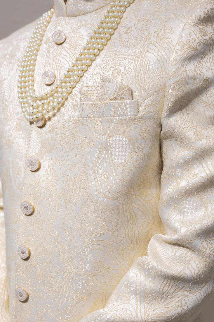 beige silk sherwani set with brasso work