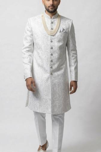white silk sherwani set with brasso work