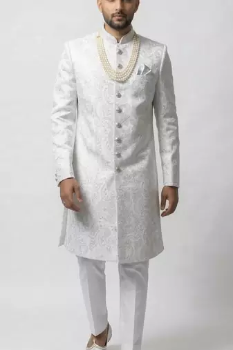 white silk sherwani set with brasso work