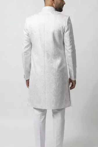 white silk sherwani set with brasso work